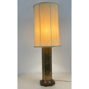 Vintage Hexagon Copper Table Lamp Asian Cloisonne Enamel Detail- No Shade 34in